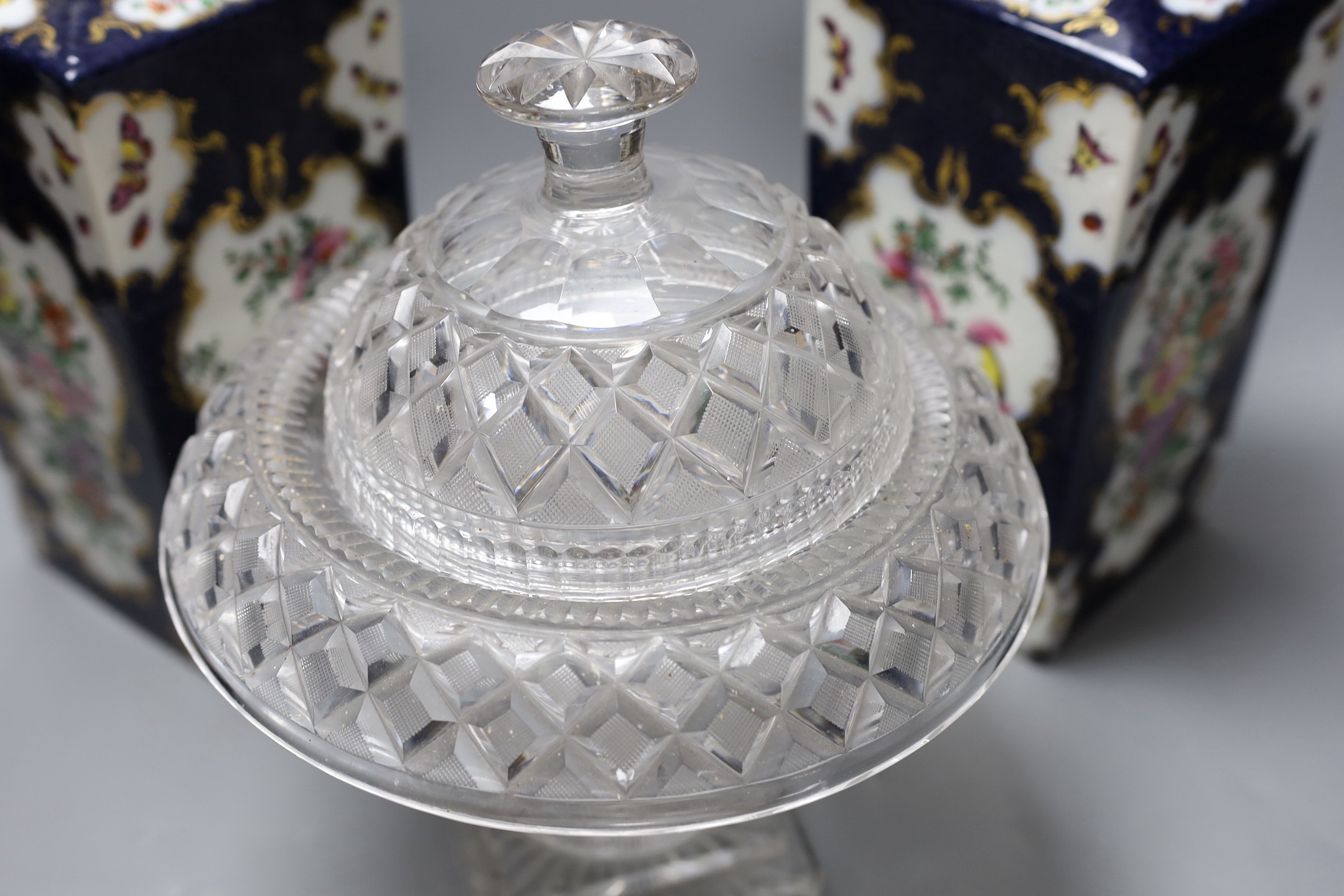 A pair of large Samson tea canisters in Worcester style and a 19th century cut glass bowl and cover, canisters 27 cms high